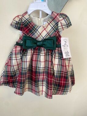 Rare Too Ivory & Red Plaid Holiday Dress with Green Bow - Size 6M